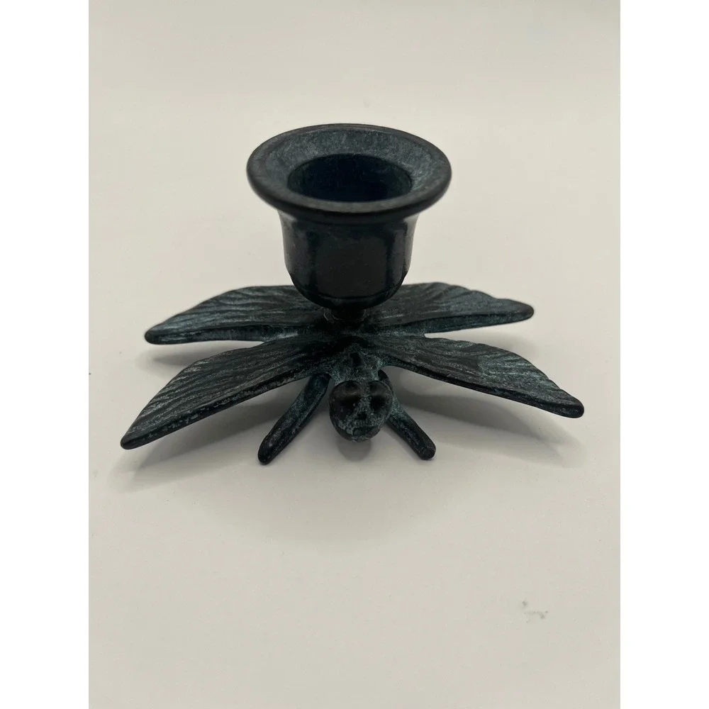 Vintage Style Cast Iron Dragonfly Taper Candle Holder Verdigris Black Metal 4in